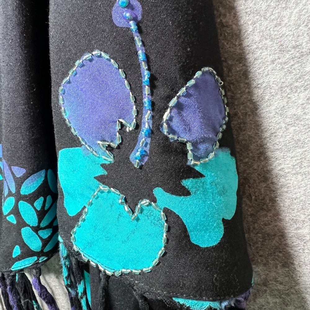 Bali Batiks Hand Painted Beaded Hibiscus Fringe Shawl Wrap Teal Purple Black - Picture 3 of 7